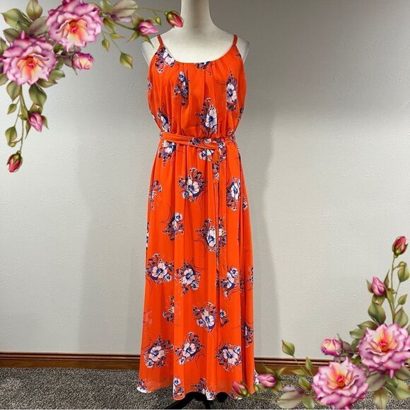 Floral blood Orange Maxi Dress with straps - Picture 1 of 14
